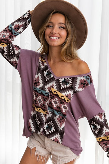 Aztec Print Color Block V-Neck Top