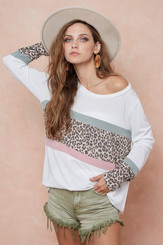 Leopard Color Block Hacci Knit Top