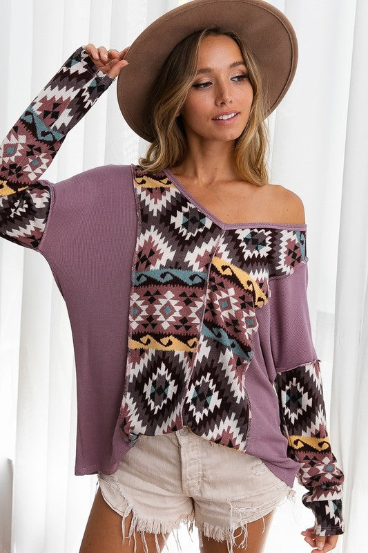 Aztec Print Color Block V-Neck Top